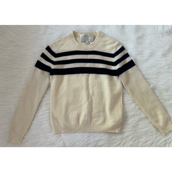 J. Crew Sweaters - J.Crew NET-A-PORTER Blue Cream Striped Crewneck Sweater 100% Merino Wool Size XS